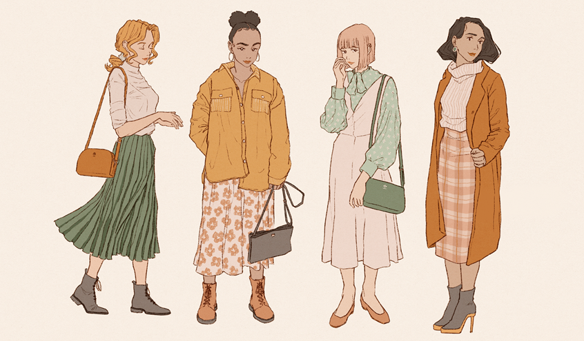 illustration of An illustration featuring a collection of fall fashion outfits.
young women, trendy, fashionable, skirt, coat, crossbody bag, blouse, boots, button up shirt, hairstyle