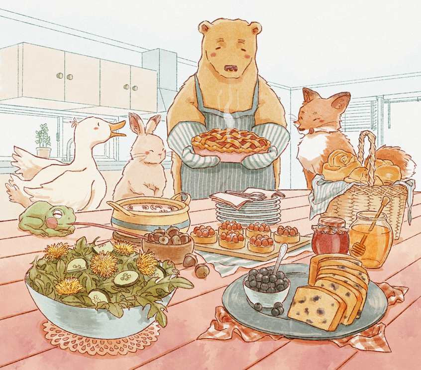 illustration of An illustration of animal friends sharing a thanksgiving feast!
bear, fox, rabbit, duck, frog, pastries, pie, dining table, salad, soup, bread