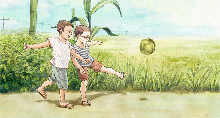 illustration of A double-page spread from a children's picture book about two brothers living on a cabbage farm.
farmland, rural landscape, boys running, crops, sunny, day, noon