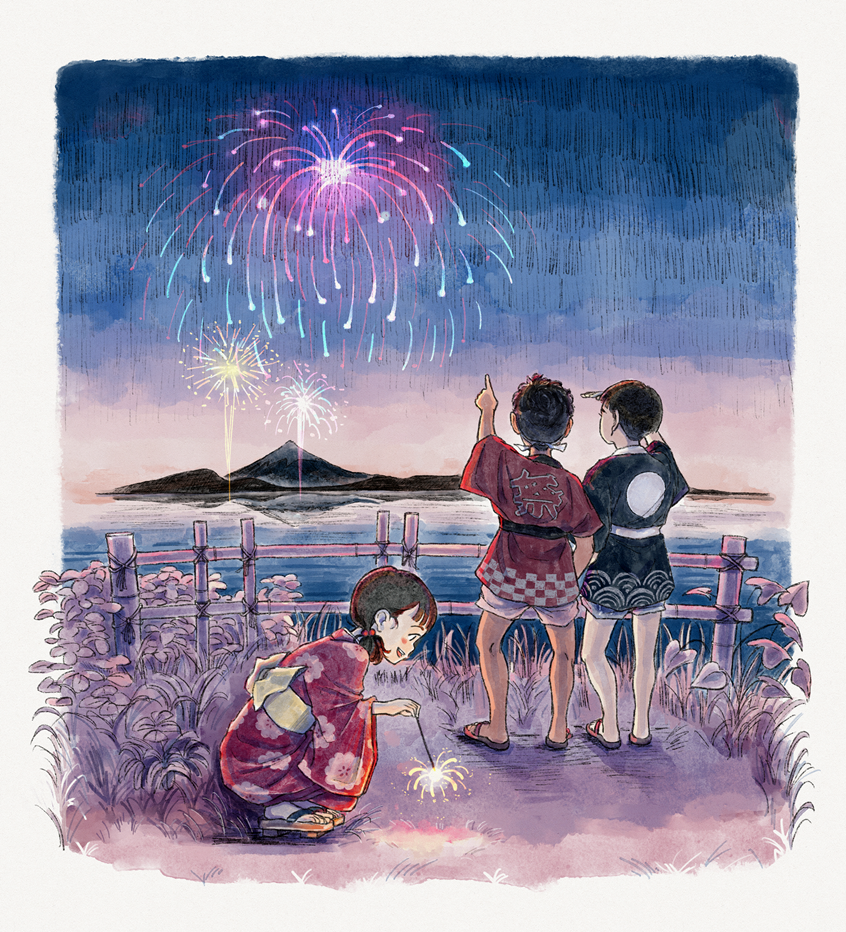 illustration of A group of children viewing hanabi (fireworks) at a Japanese omatsuri (festival).
group of children, kimono, yukata, happi coat, sparkler, Mount Fuji, lake, night sky
