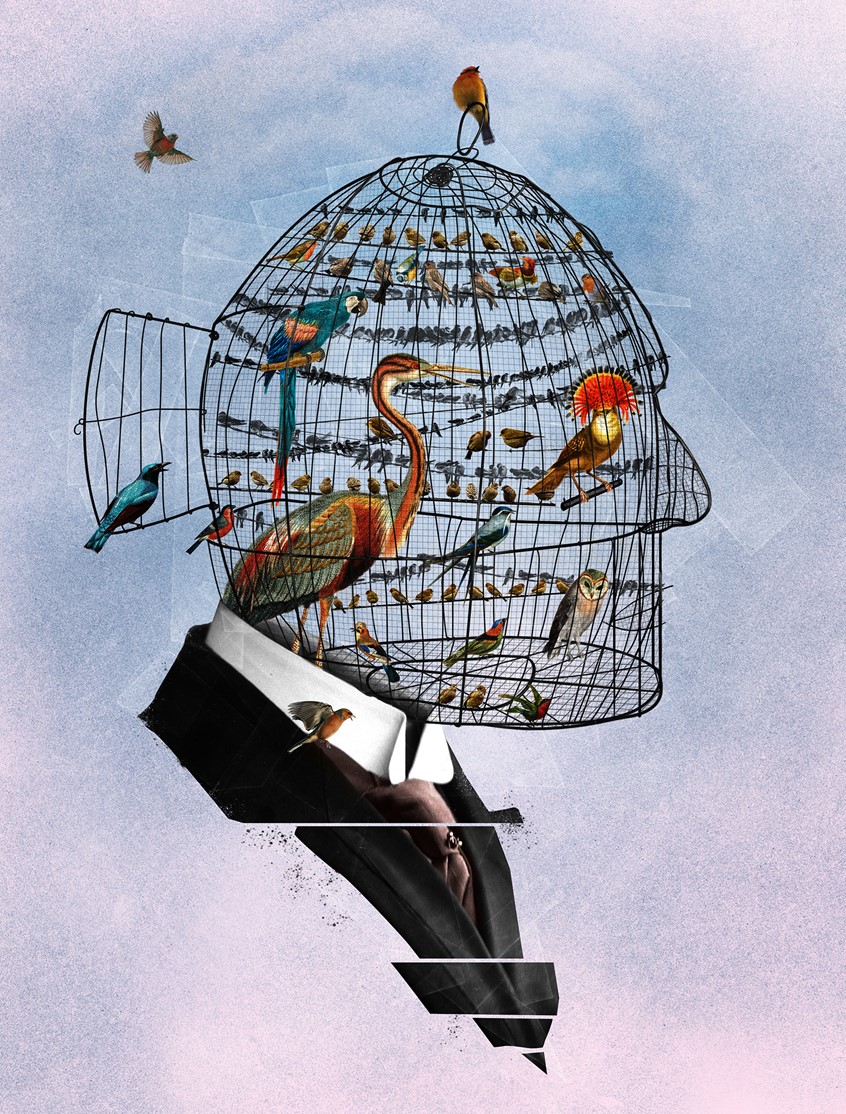 illustration of Adults dealing with ADHD, describe their struggles. Often times overwhelmed by too many ideas, making decisions and quieting the chatter in their minds. mental health birds birdcage brain noise loud distracted person surreal