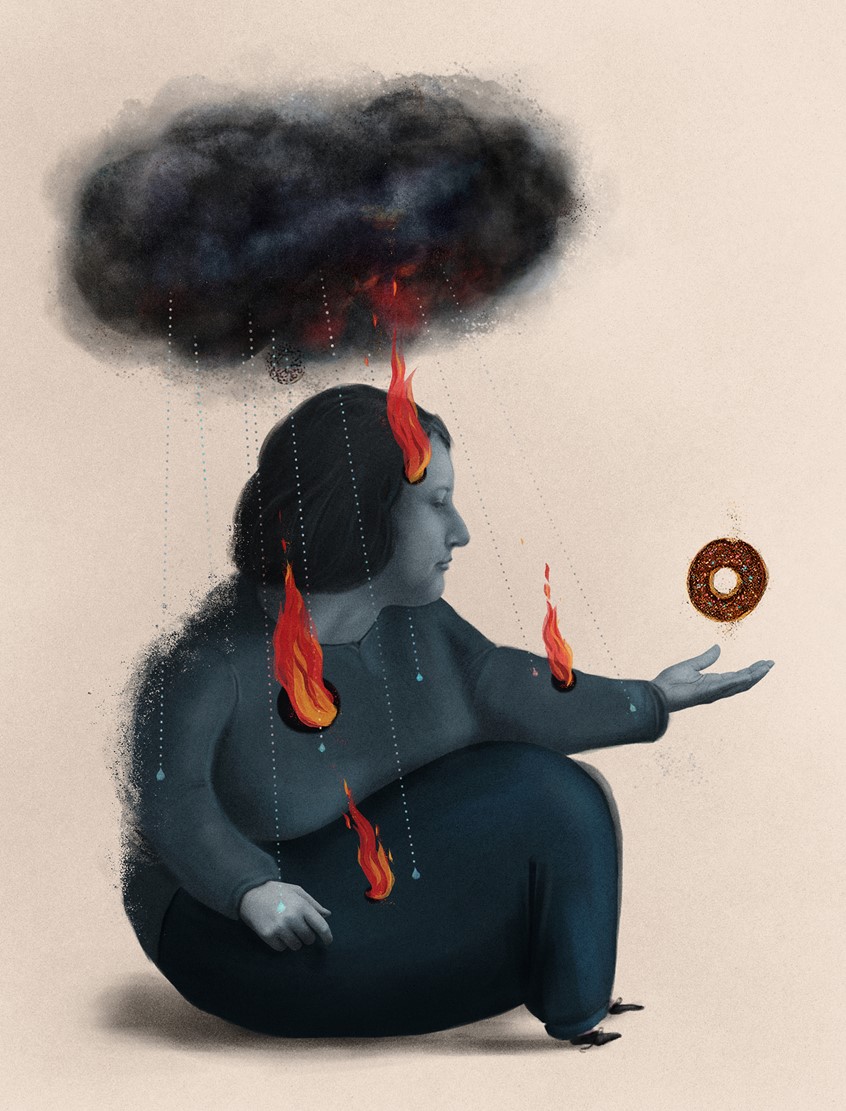 illustration of CONNECTIONS BETWEEN BODY AND MIND
The psychological and physiological burden of depression and anxiety is heightened in obese individuals.
Client: Université de Montréal / Trends in Endocrinology & Metabolism
*Communication Arts 2022 Illustration Awards Annual shortlist
flames donut woman storm sadness blue clouds hunger anxiety depression weight food diet mental health surreal