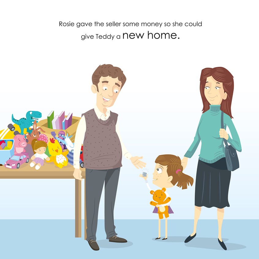 illustration of Illustrations for a book by author Karen Johnson. The story is about a little girl called Rosie who has facial palsy / girl / Mom / shopkeeper / teddy bear /toys