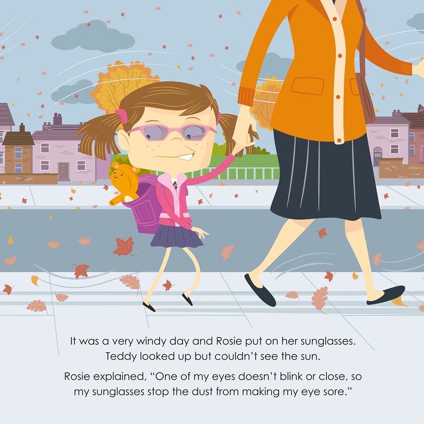 illustration of Illustrations for a book by author Karen Johnson. The story is about a little girl called Rosie who has facial palsy / girl / Mom / street / teddy bear /autumn