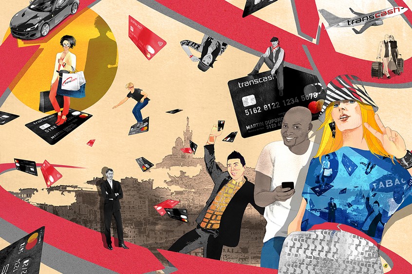 illustration of Poster illustration commissioned by the company Transcash for multiple usage. Different people sitting, holding, surfing and wearing Transcash pay card. Marseille, Car, Airplane, Red, Black.