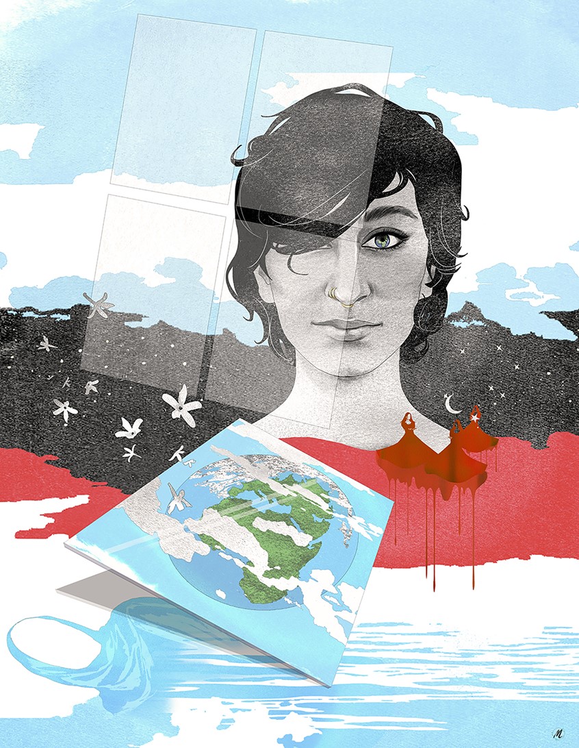 illustration of Illustrated portrait of the poet Fatima Asghar, commissioned and published by Magazine Luxiders, sustainable culture. Black, white, grey, blue, red, window.
