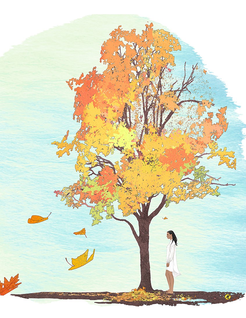 illustration of Illustration of a woman dressed in a white shirt, standing at the foot of a tree, leaves are falling, it's automne. Fall, Automne, Yellow, Orange, Blue.