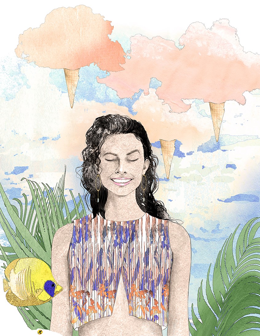 illustration of Illustration of a woman with surface design patterned top, ice cream cones in the sky, ice cream clouds, tropical fish flying and green vegetation in the back ground.
Dark haired woman, yellow fish, blue skies, clouds,
surface design.