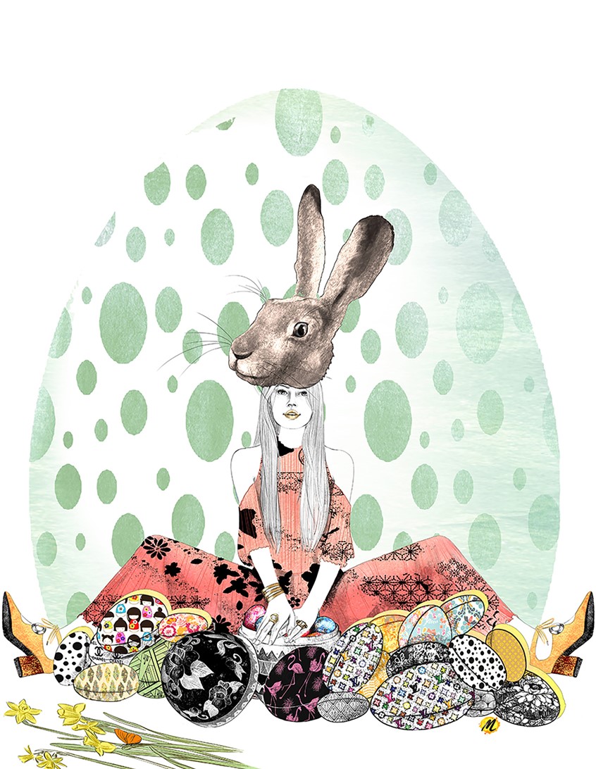 illustration of Illustration of a fashion woman with Easter rabbit on her head, Decorated Easter eggs on the ground, Big dotted Easter egg in the back ground.
Easter, Spring, Holidays, Rabbit, Green, Black and White, Orange.