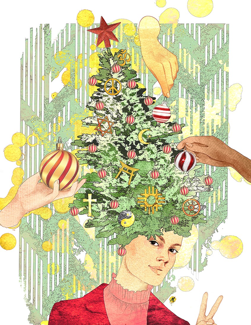 illustration of Illustration of a Christmas tree decorated with Christmas balls and the world's different religions, three different hands putting decorations on the tree, woman doing peace sign. Green, Red, Yellow, Holidays, Joy, Tolerance, World Peace.