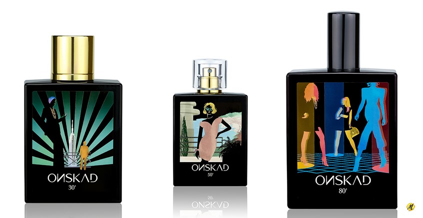 illustration of Illustrated perfume labels for ONSKAD fragrances.
Three ultra modern olfactory creations inspired by the 30's, the 50's and the 80's. Silhouettes, Black, Green, Orange, Blue, New York, French Riviera, Party, Sophistication, Allure, Contemporary, Women Power