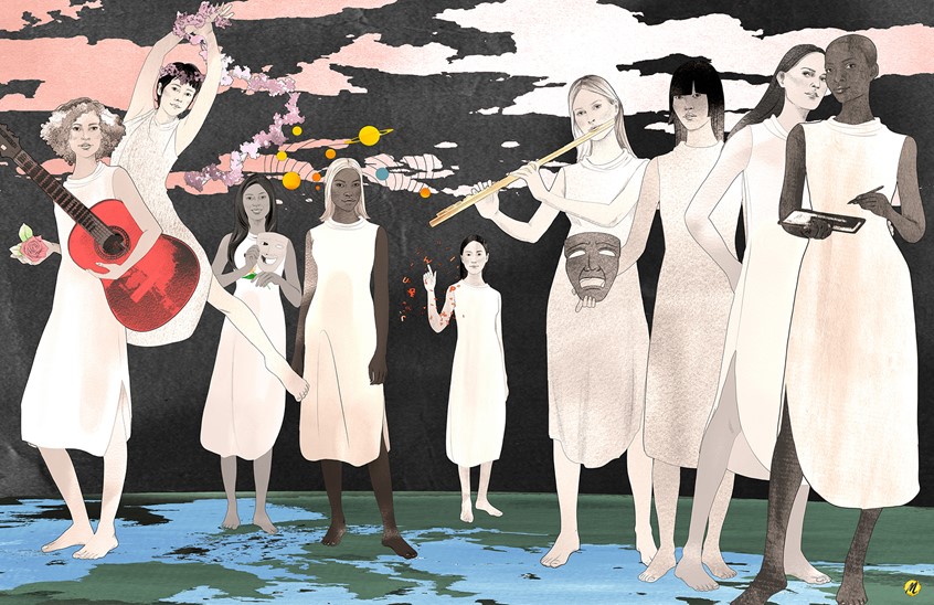 illustration of Illustration picturing the 9 Muses. The inspirational goddesses of the arts and science. Ancient Greece, Modern muses, The earth, Music, Music instruments, Black and White.