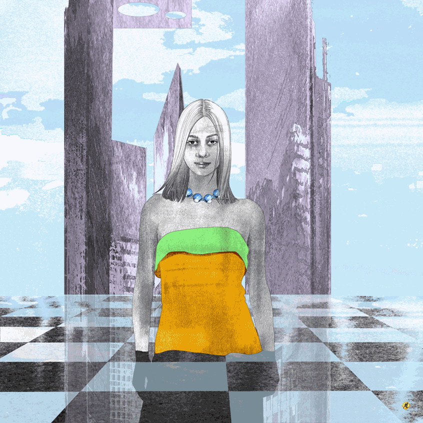 illustration of Illustration of a woman turning her head like a swivel. Futuristic buildings in the background. Chessboard moving like a wave. Blue skies, Fashion dress, Bold necklace, Yellow, Green, Blue, Grayscale, Fantasy, Imaginative, Insecurity, Waves, Watch out.