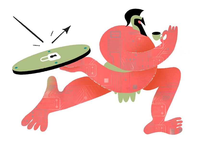illustration of Conceptual interpretation of the topic: Weak cybersecurity hurts your business.
achilles heel, cybersecurity, tech, technology, expressive, conceptual editorial illustration, greek mythology, hero, warrior, protection