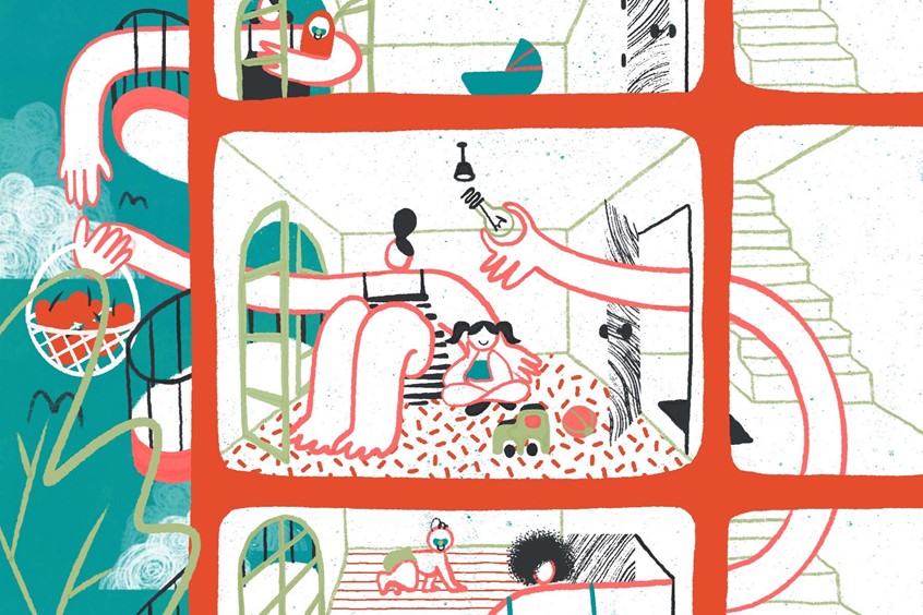illustration of Editorial illustration for Dwell Magazine - In My First Apartment as a Single Mother, I Found a Community of Women Parenting Alone.
single parent, community, helping, apartment, kids, balcony, architecture, residential, housing, neighbours, vivid colors, expressive, mix of textures