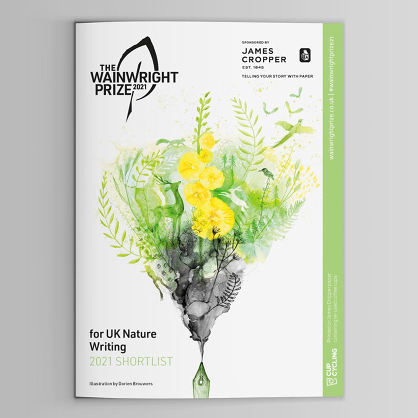 illustration of The Wainwright Prize Literary Awards Brochure - UK Nature Writing Category. Showing a pen from which a frog, deer, squirrel, pheasant, flowers are shown.