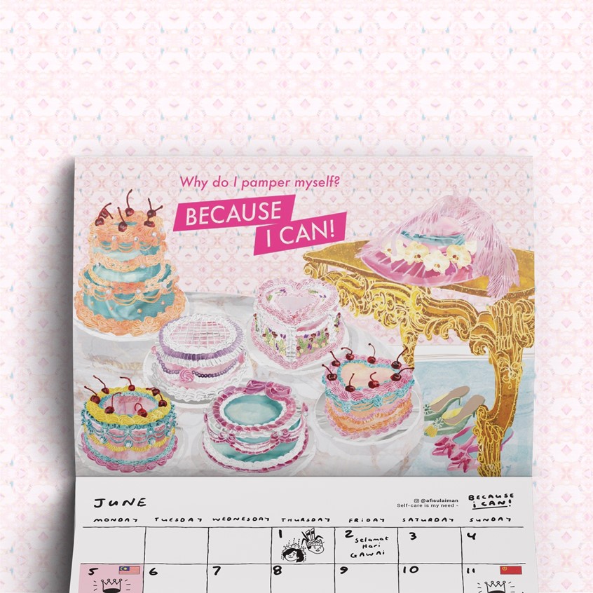 illustration of This illustration, featuring a soft pastel colour palette and intricately decorated cakes, is a collaborative effort with Malaysian brand, Projek SembangSembang for their 2023 calendar.