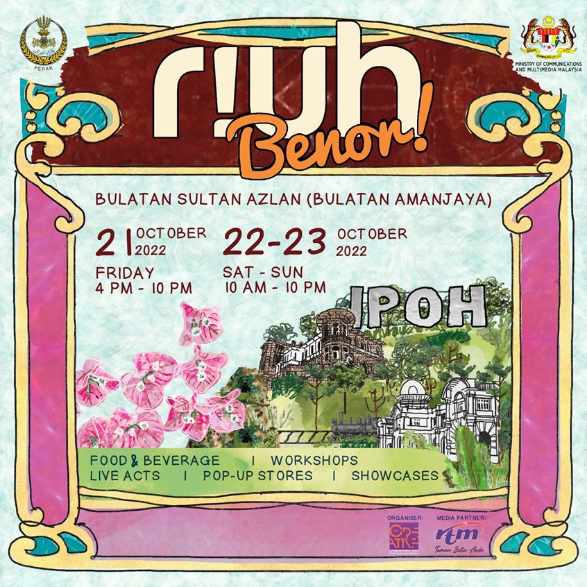 illustration of Designing a concept art for MyCreative Ventures' RIUH event. This key visual was commissioned to become a part of the theme for the event to create a youthful look that carries the essence of the place. The objective was to create line drawings to give a fresh look to embody the heritage buildings and its culture.