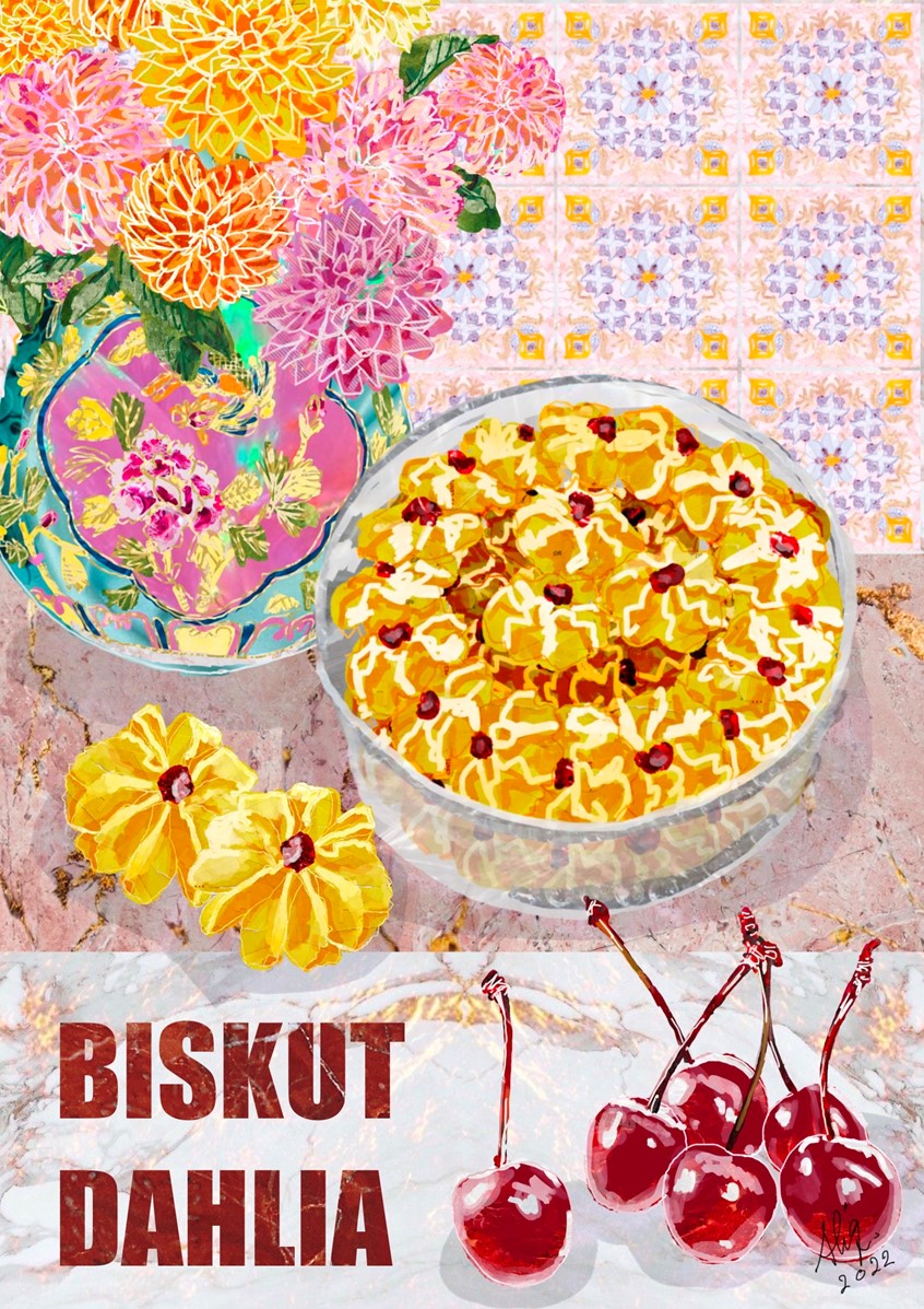 illustration of Inspired by vintage food advertisements, these illustrations were commissioned by AEON to preserve Malaysian biscuits as NFTs during Eid Fitr through the campaign, Kuih Raya Kita.