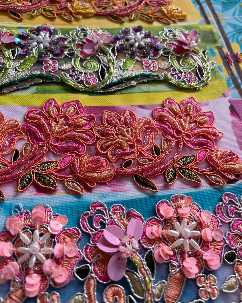 illustration of Handsewn beadings on lace for a fine art piece, Minum Petang, which was displayed during the Two Sides of the Sarong duo exhibition at Four Points by Sheraton in Chinatown, Kuala Lumpur.