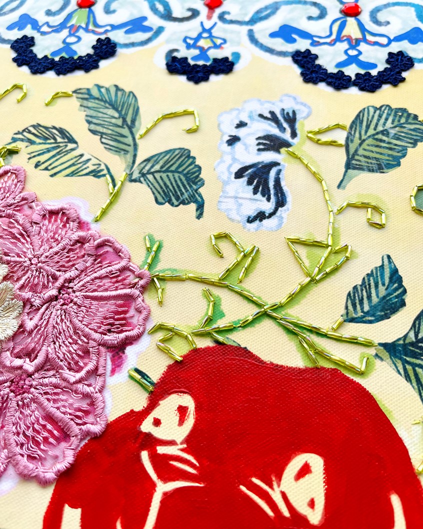 illustration of Handsewn beadings on lace for a fine art piece, Atuk & Wan, which was displayed during the Wenhua Nouveau duo exhibition at 22 Hale Street in Ipoh.