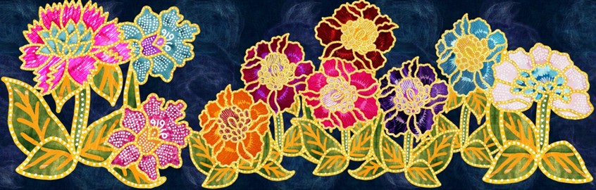 illustration of Bunga-bunga Batik embraces Southeast Asian textile, specifically in Malaysia but with a modern twist using digital collage. It as part of a projection mapping display under Immersio at Muzium Telekom in Kuala Lumpur.