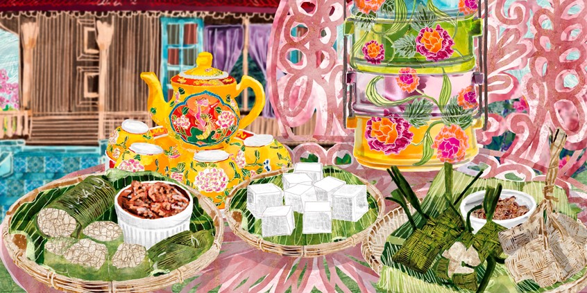 illustration of This illustration was a commission piece for PruBSN's money packet design, used as a token of appreciation to clients during Eid Fitr 2023. It features traditional Malaysian food eaten during the Eid festive season.