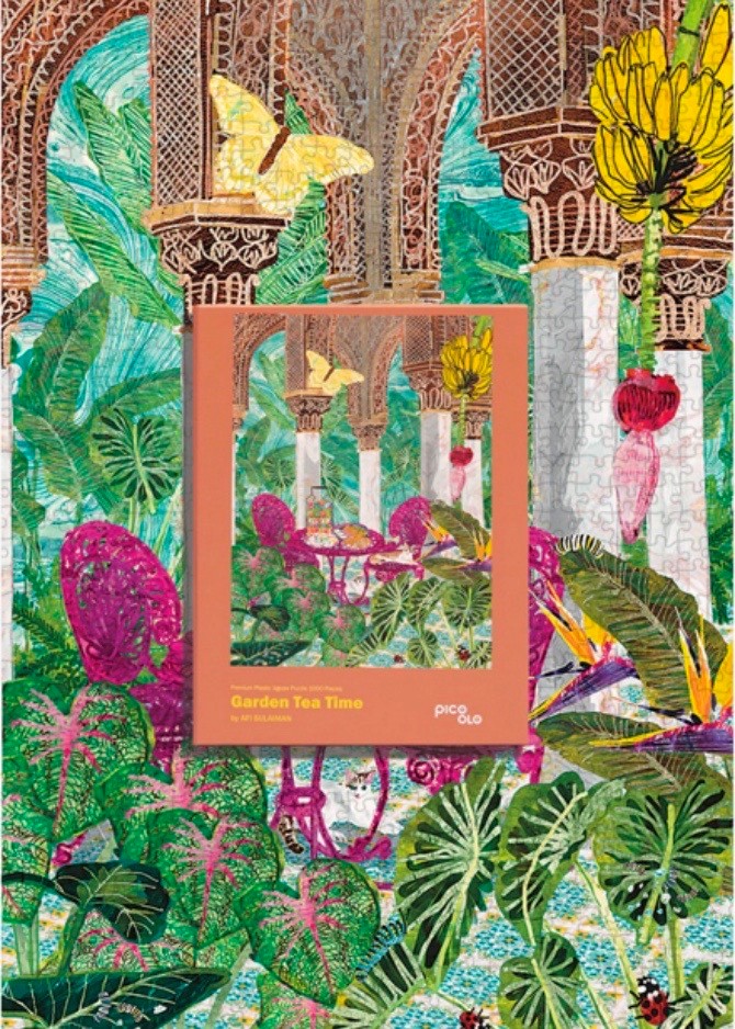 illustration of This illustration has hints of my 3 siblings' favourite things hidden during tea time in a tropical garden. It is a collaborative effort with Malaysian brand, Pico Olo.