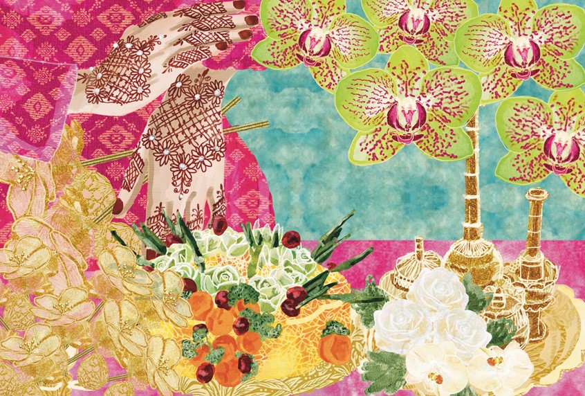 illustration of Malaysian brand, NITA Cosmetics, commissioned a piece inspired by a traditional Malay wedding, sanding, with fuchsia and lime green as the main theme colours.