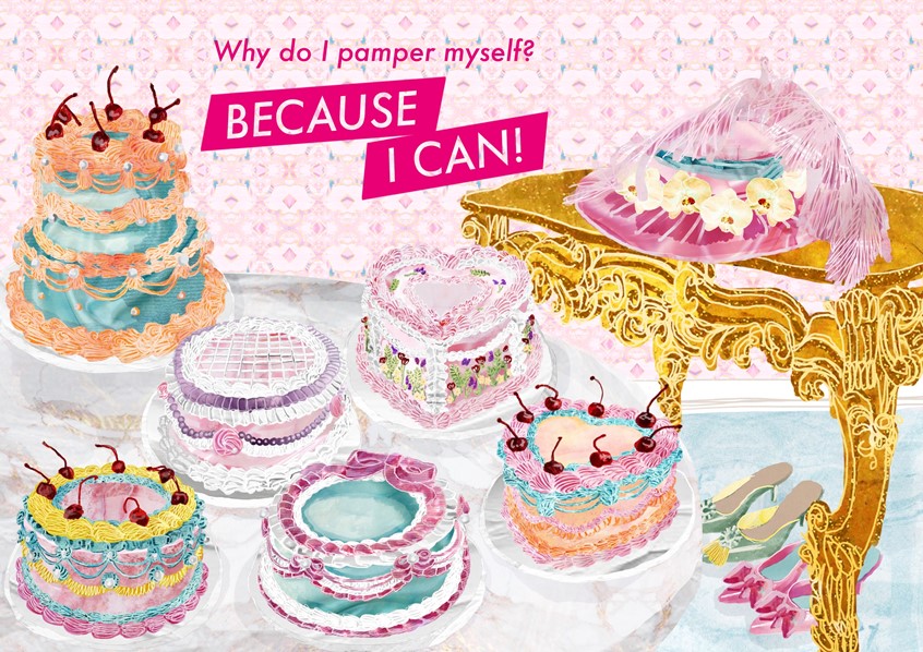 illustration of This illustration, featuring a soft pastel colour palette and intricately decorated cakes, is a collaborative effort with Malaysian brand, Projek SembangSembang for their 2023 calendar.