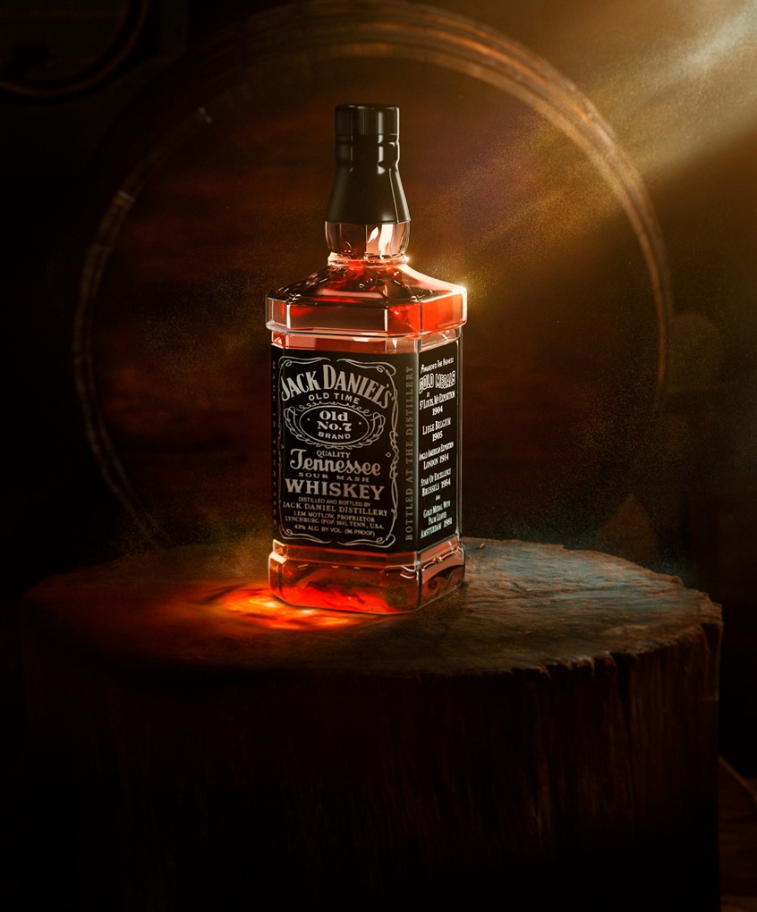 illustration of F/C of photo realistic bottle of Jack Daniels, digital image, 3D image, photorealism, portraits, photomontage, photoshop image, advertising, editorial, conceptual image, objects, cars, products, buildings, medical, people, corporate, annual reports, animation, video.