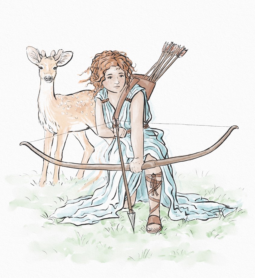 illustration of Diane Modern Goddess. Children's illustrations, line and colour illustrations, 2D digital illustrations, children, people, social studies, school text books, watercolour illustrations, black and white line art, science, history, book covers, children's picture books, animals, animated animals.