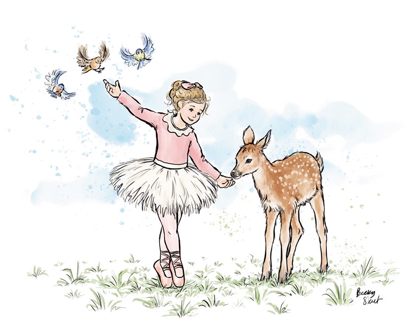 illustration of Ballet - Dancing with animals. Children's illustrations, line and colour illustrations, 2D digital illustrations, children, people, social studies, school text books, watercolour illustrations, black and white line art, science, history, book covers, children's picture books.