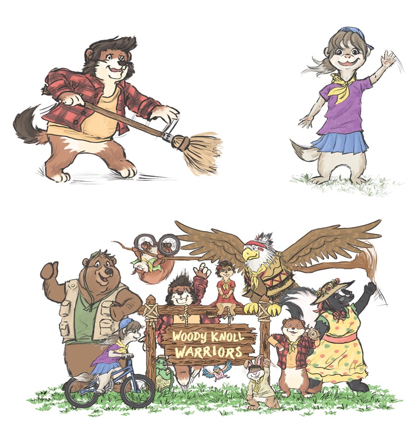 illustration of Woody Knoll characters. Children's illustrations, line and colour illustrations, 2D digital illustrations, children, people, social studies, school text books, watercolour illustrations, black and white line art, science, history, book covers, children's picture books.