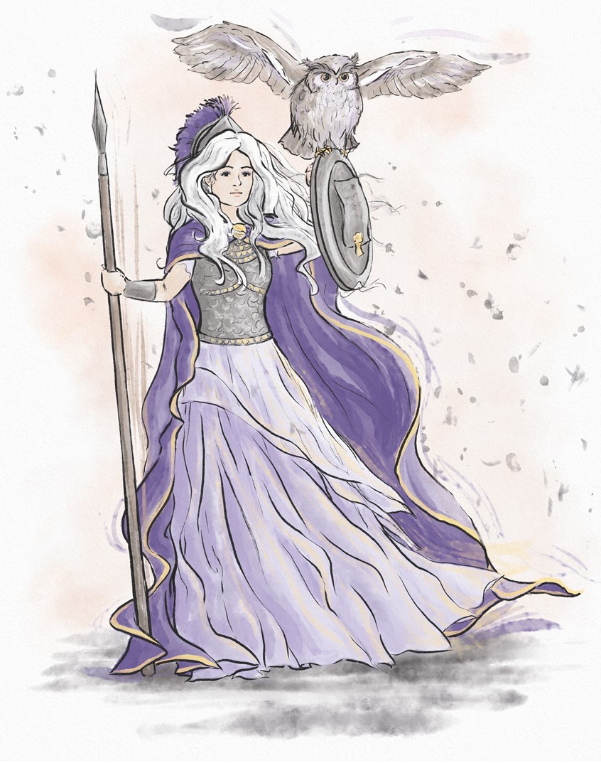 illustration of Minerva Modern Goddess. Children's illustrations, line and colour illustrations, 2D digital illustrations, children, people, social studies, school text books, watercolour illustrations, black and white line art, science, history, book covers, children's picture books, animals, animated animals.