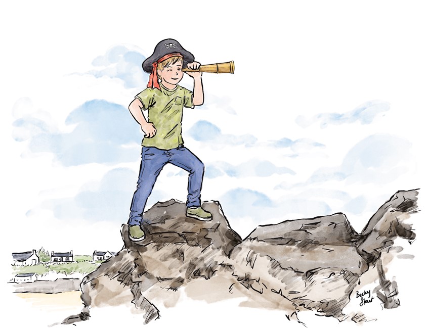 illustration of Playing Pirate. Children's illustrations, line and colour illustrations, 2D digital illustrations, children, people, social studies, school text books, watercolour illustrations, black and white line art, science, history, book covers, children's picture books, animals, animated animals.