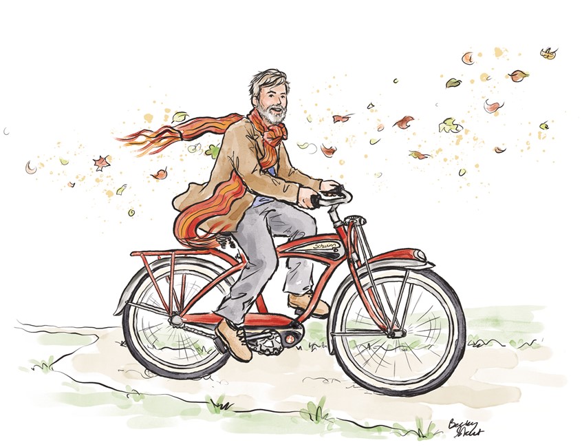 illustration of Cycling in Autumn. Children's illustrations, line and colour illustrations, 2D digital illustrations, children, people, social studies, school text books, watercolour illustrations, black and white line art, science, history, book covers, children's picture books, animals, animated animals.