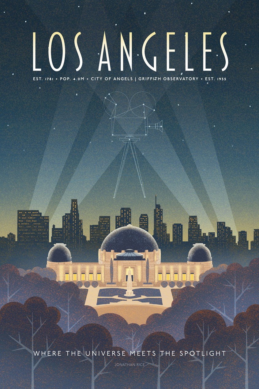 illustration of illustrated poster celebrating Los Angeles’ iconic Griffith Observatory—an enduring symbol of curiosity, science, and cinematic history overlooking the city. Rendered in a vintage-inspired travel poster style, this artwork blends bold structure with atmospheric color, capturing both the grandeur of the observatory and the expansive spirit of Los Angeles.