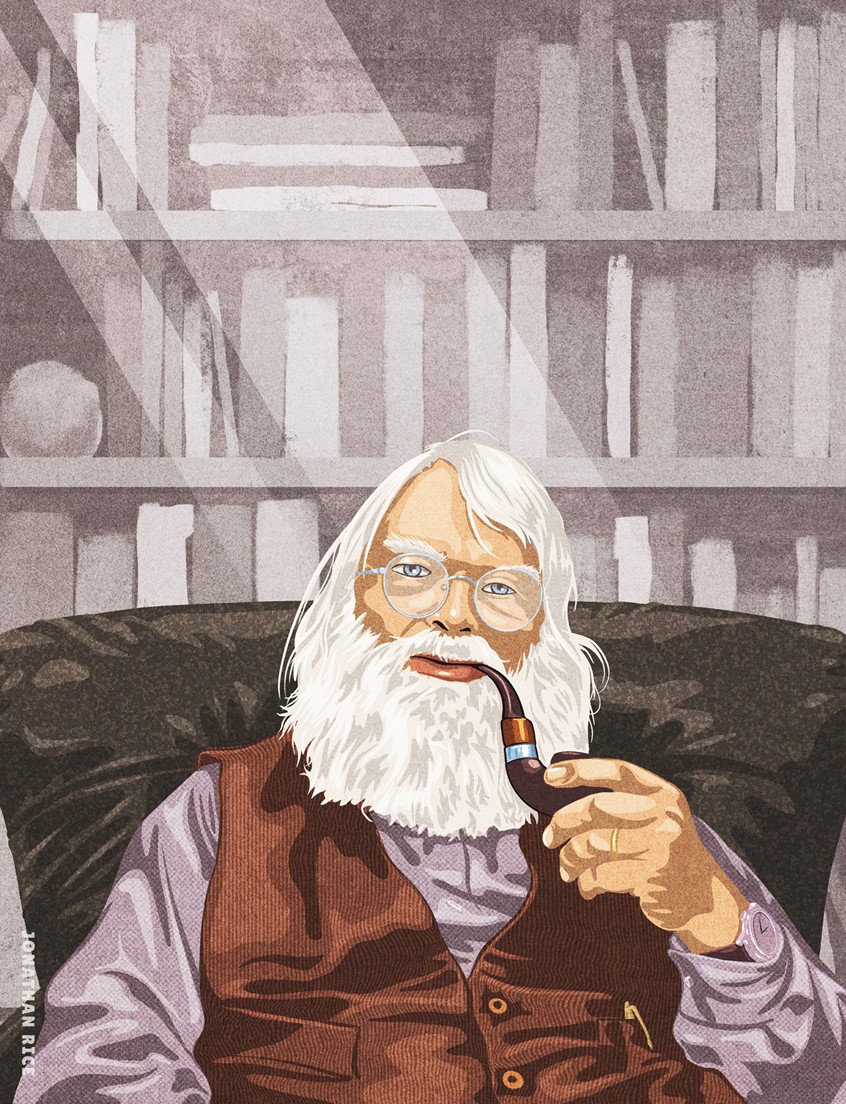 illustration of A portrait illustration of poet, priest, professor, and author Malcolm Guite. Created as part of an ongoing portrait series, the piece explores character through expressive shape, subtle texture, and a limited color palette, capturing both his scholarly presence and contemplative nature.