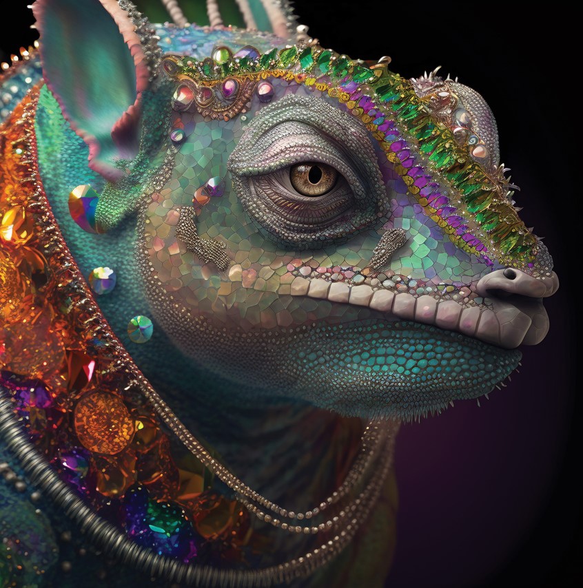 illustration of F/C of Bejeweled Chameleon, AI, Mid Journey, digital image, 3D, 3D character, photoshop image, photo-realism, realistic images, retouching 3D imaging, images of cutaways, technical images, science, scientific images, vector images, product images, medical, pharmaceutical, conceptual images, humor, animals, dinosaurs, landscapes, fantasy, people, corporate, book covers, magazines, science fiction.