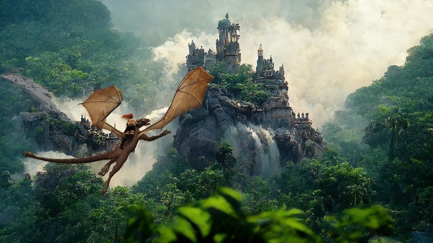 illustration of F/C of girl riding dragon to the castle, AI, Mid Journey, digital image, 3D, 3D character, photoshop image, photo-realism, realistic images, retouching 3D imaging, images of cutaways, technical images, science, scientific images, vector images, product images, medical, pharmaceutical, conceptual images, humor, animals, dinosaurs, landscapes, fantasy, people, corporate, book covers, magazines, science fiction.