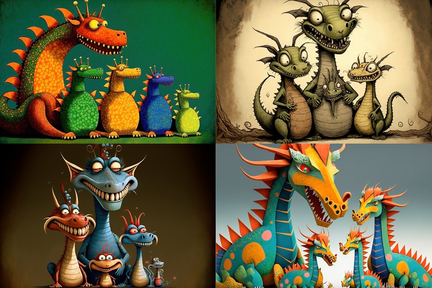 illustration of F/C of happy dragon family, AI, Mid Journey, digital image, 3D, 3D character, photoshop image, photo-realism, realistic images, retouching 3D imaging, images of cutaways, technical images, science, scientific images, vector images, product images, medical, pharmaceutical, conceptual images, humor, animals, dinosaurs, landscapes, fantasy, people, corporate, book covers, magazines, science fiction.