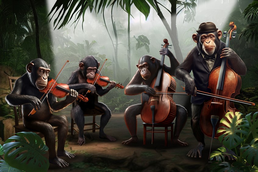 illustration of F/C of the great ape string quartet, AI, Mid Journey, digital image, 3D, 3D character, photoshop image, photo-realism, realistic images, retouching 3D imaging, images of cutaways, technical images, science, scientific images, vector images, product images, medical, pharmaceutical, conceptual images, humor, animals, dinosaurs, landscapes, fantasy, people, corporate, book covers, magazines, science fiction.