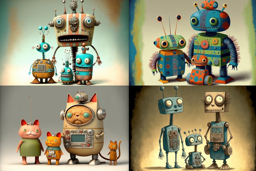 illustration of F/C of colourful bots, AI, Mid Journey, digital image, 3D, 3D character, photoshop image, photo-realism, realistic images, retouching 3D imaging, images of cutaways, technical images, science, scientific images, vector images, product images, medical, pharmaceutical, conceptual images, humor, animals, dinosaurs, landscapes, fantasy, people, corporate, book covers, magazines, science fiction.