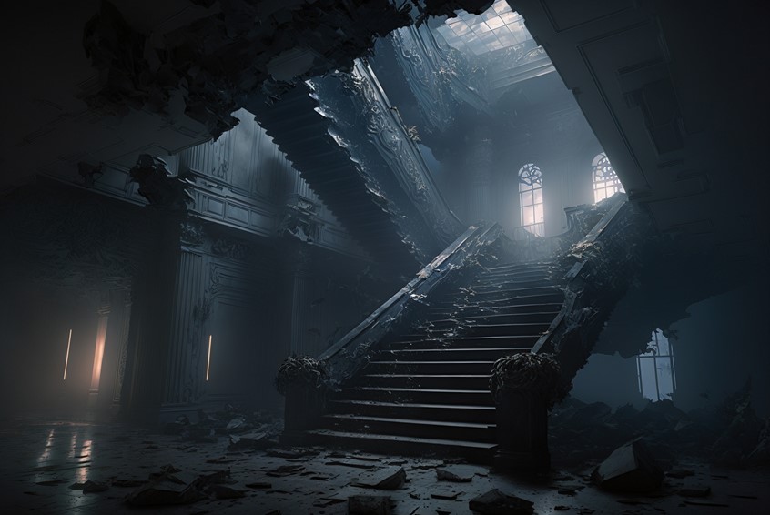illustration of F/C of stairway in abandoned building, AI, Mid Journey, digital image, 3D, 3D character, photoshop image, photo-realism, realistic images, retouching 3D imaging, images of cutaways, technical images, science, scientific images, vector images, product images, medical, pharmaceutical, conceptual images, humor, animals, dinosaurs, landscapes, fantasy, people, corporate, book covers, magazines, science fiction.