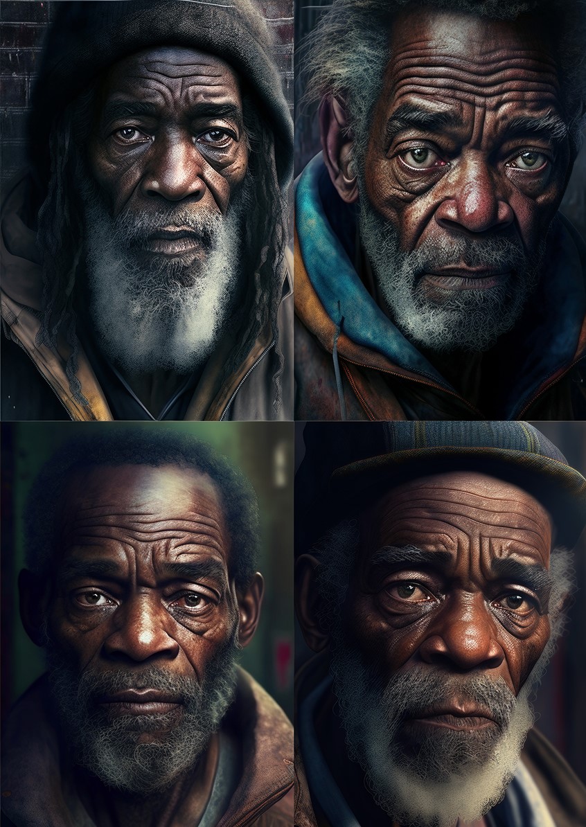 illustration of F/C of homeless black men, AI, Mid Journey, digital image, 3D, 3D character, photoshop image, photo-realism, realistic images, retouching 3D imaging, images of cutaways, technical images, science, scientific images, vector images, product images, medical, pharmaceutical, conceptual images, humor, animals, dinosaurs, landscapes, fantasy, people, corporate, book covers, magazines, science fiction.