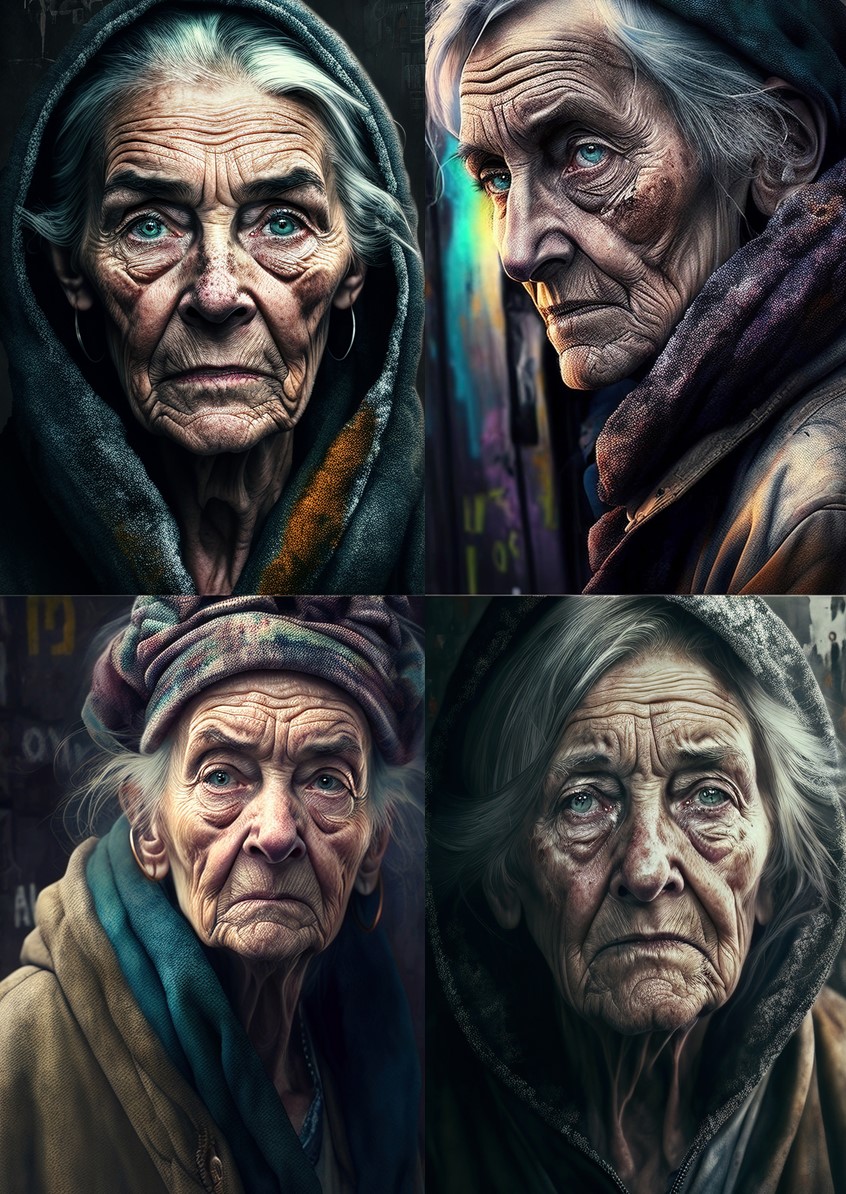 illustration of F/C of homeless white women, AI, Mid Journey, digital image, 3D, 3D character, photoshop image, photo-realism, realistic images, retouching 3D imaging, images of cutaways, technical images, science, scientific images, vector images, product images, medical, pharmaceutical, conceptual images, humor, animals, dinosaurs, landscapes, fantasy, people, corporate, book covers, magazines, science fiction.