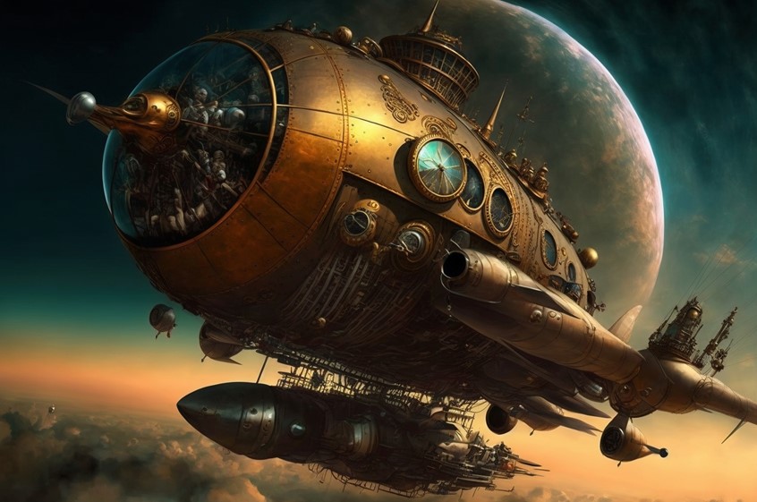 illustration of F/C of Steampunk airship, AI, Mid Journey, digital image, 3D, 3D character, photoshop image, photo-realism, realistic images, retouching 3D imaging, images of cutaways, technical images, science, scientific images, vector images, product images, medical, pharmaceutical, conceptual images, humor, animals, dinosaurs, landscapes, fantasy, people, corporate, book covers, magazines, science fiction.