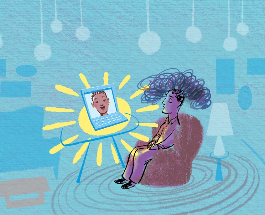 illustration of editorial, advertising, packaging, therapy, mental health, online, computers, therapy session, advice, guidance, clarity, meditation, psychology, internet, psychiatry, technology, Steven Salerno, Salerno