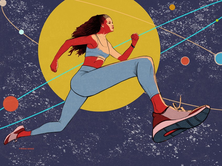 illustration of Goal setting. Digital illustration using line and color. Conceptual, Woman, Runner, Celestial, Athletic, Goals, Space, Solar System, Exercise, Empowerment, Confidence.